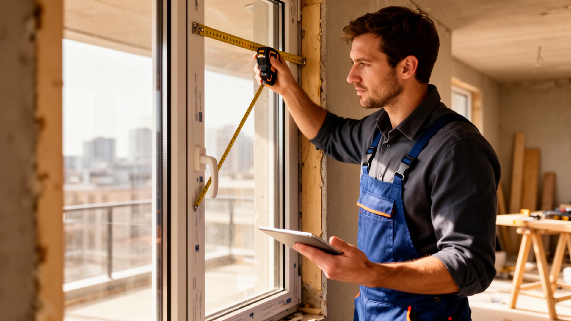 Artisan prenant des mesures de châssis avec une tablette sur chantier
